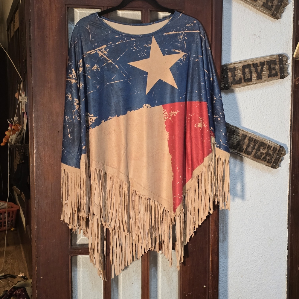 Montana West Women's Texas Flag Theme Poncho With Sleeves One Size EUC